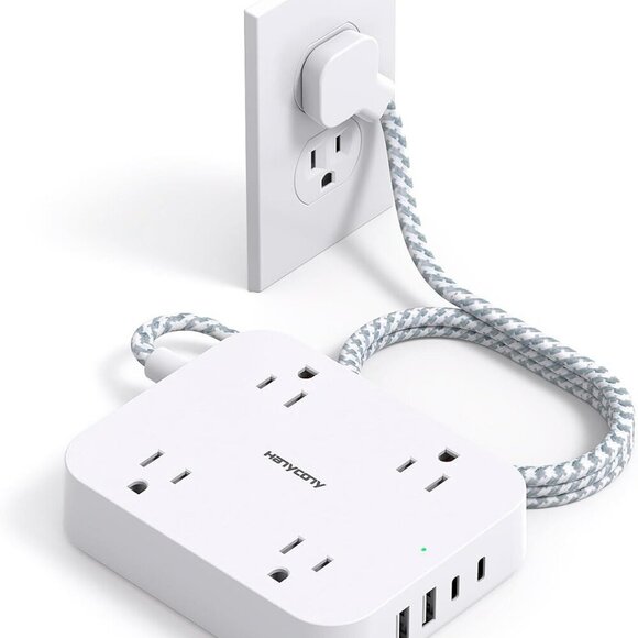 Flat Plug Power Strip 5ft Extension Cord with 4 USB Ports 4 Outlets Wall Mount E - Picture 1 of 2